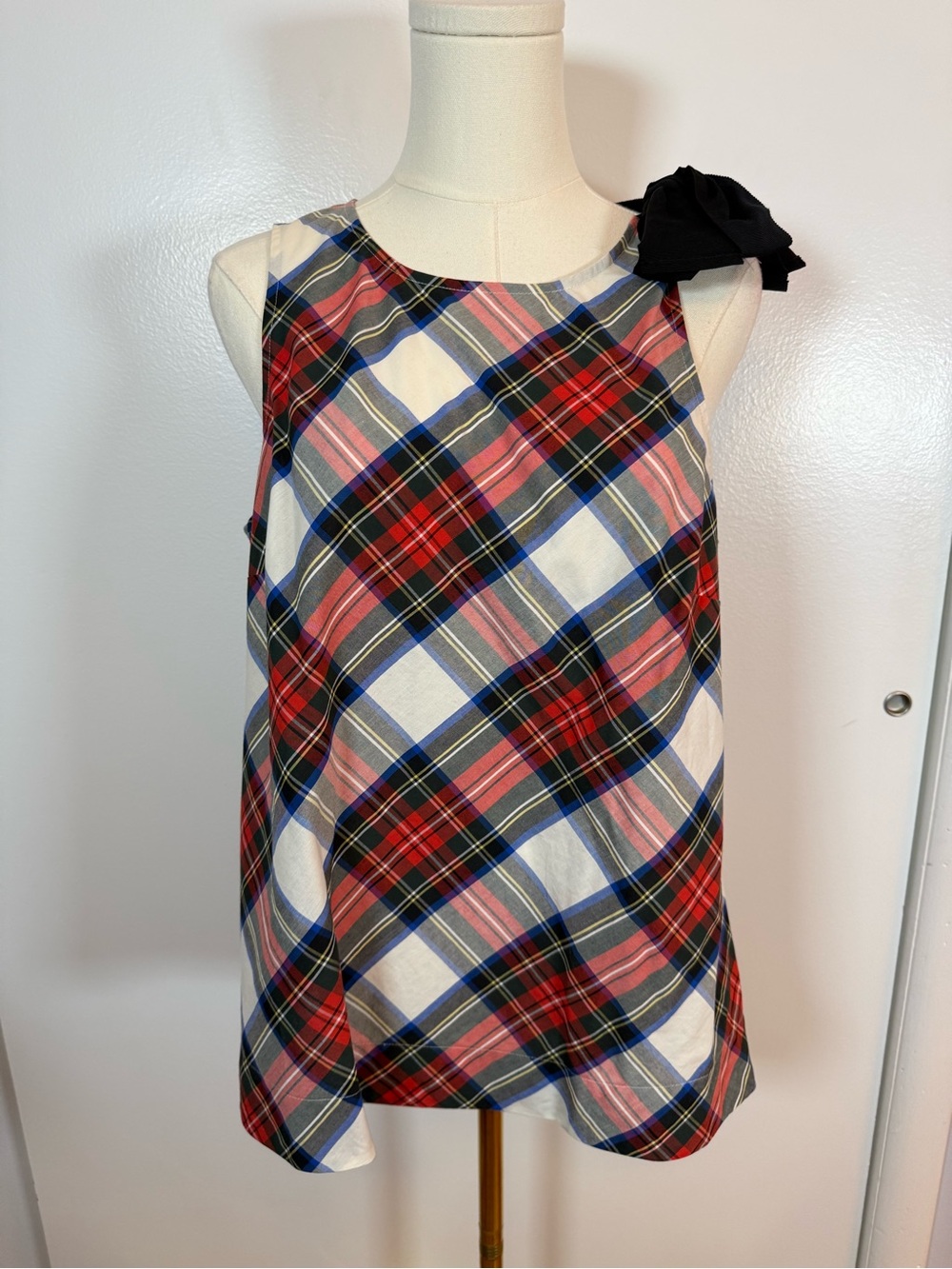J. Crew Plaid Sleeveless Top with Black Shoulder Bow